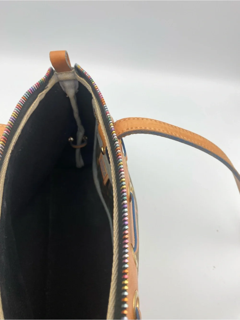 Dooney & Bourke Multicolor Logo Shoulder Bag with Tan Leather